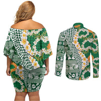 Hawaiian Plumeria Lei Couples Matching Off Shoulder Short Dress and Long Sleeve Button Shirt Kakau Motifs and Palaka Half Style Green Color LT03 - Polynesian Pride