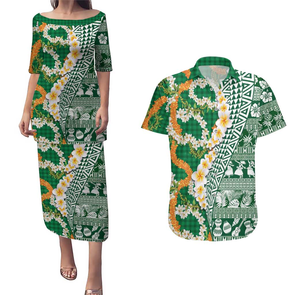 Hawaiian Plumeria Lei Couples Matching Puletasi and Hawaiian Shirt Kakau Motifs and Palaka Half Style Green Color LT03 Green - Polynesian Pride