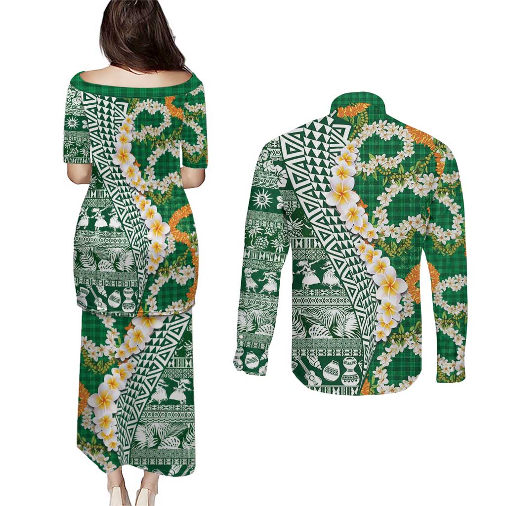 Hawaiian Plumeria Lei Couples Matching Puletasi and Long Sleeve Button Shirt Kakau Motifs and Palaka Half Style Green Color LT03 - Polynesian Pride