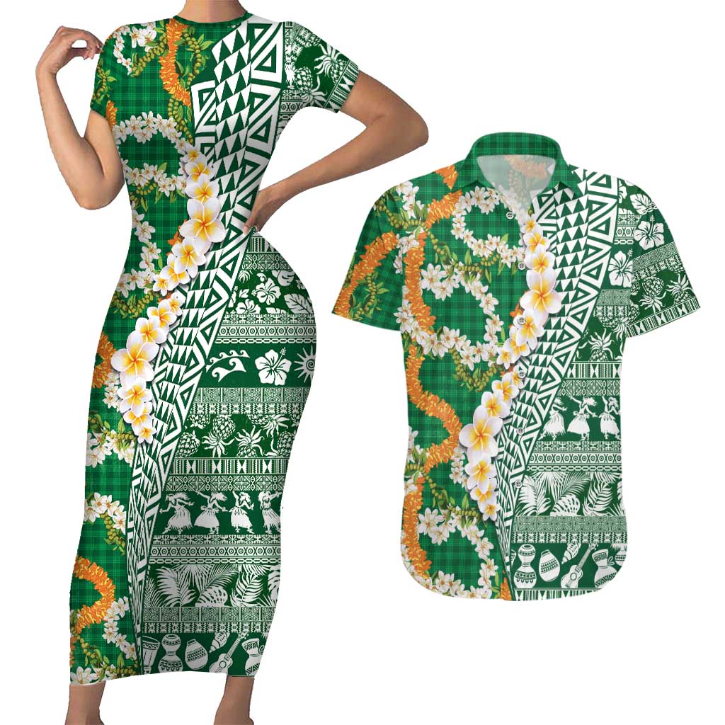 Hawaiian Plumeria Lei Couples Matching Short Sleeve Bodycon Dress and Hawaiian Shirt Kakau Motifs and Palaka Half Style Green Color LT03 Green - Polynesian Pride