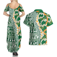 Hawaiian Plumeria Lei Couples Matching Summer Maxi Dress and Hawaiian Shirt Kakau Motifs and Palaka Half Style Green Color LT03 - Polynesian Pride