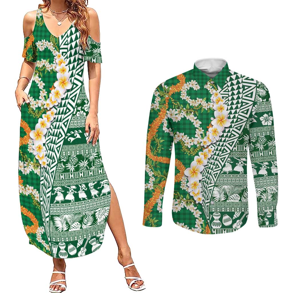 Hawaiian Plumeria Lei Couples Matching Summer Maxi Dress and Long Sleeve Button Shirt Kakau Motifs and Palaka Half Style Green Color - Polynesian Pride