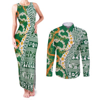Hawaiian Plumeria Lei Couples Matching Tank Maxi Dress and Long Sleeve Button Shirt Kakau Motifs and Palaka Half Style Green Color LT03 Green - Polynesian Pride