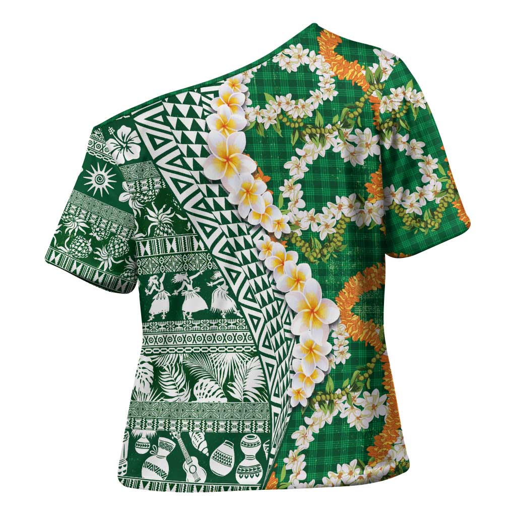 Hawaiian Plumeria Lei Cross Shoulder Shirt Kakau Motifs and Palaka Half Style Green Color LT03 - Polynesian Pride