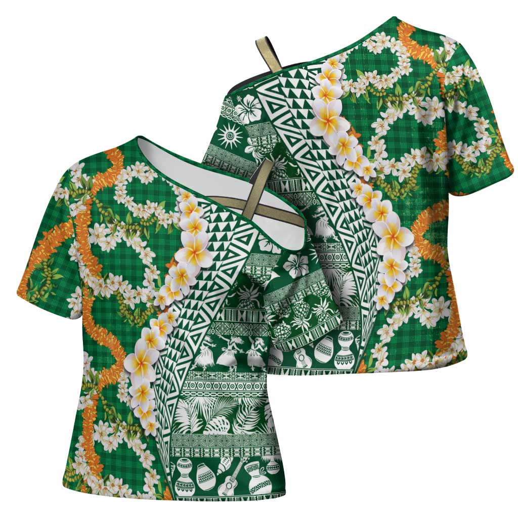Hawaiian Plumeria Lei Cross Shoulder Shirt Kakau Motifs and Palaka Half Style Green Color LT03 - Polynesian Pride
