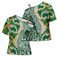 Hawaiian Plumeria Lei Cross Shoulder Shirt Kakau Motifs and Palaka Half Style Green Color LT03 - Polynesian Pride