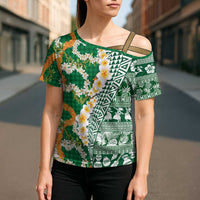 Hawaiian Plumeria Lei Cross Shoulder Shirt Kakau Motifs and Palaka Half Style Green Color LT03 - Polynesian Pride