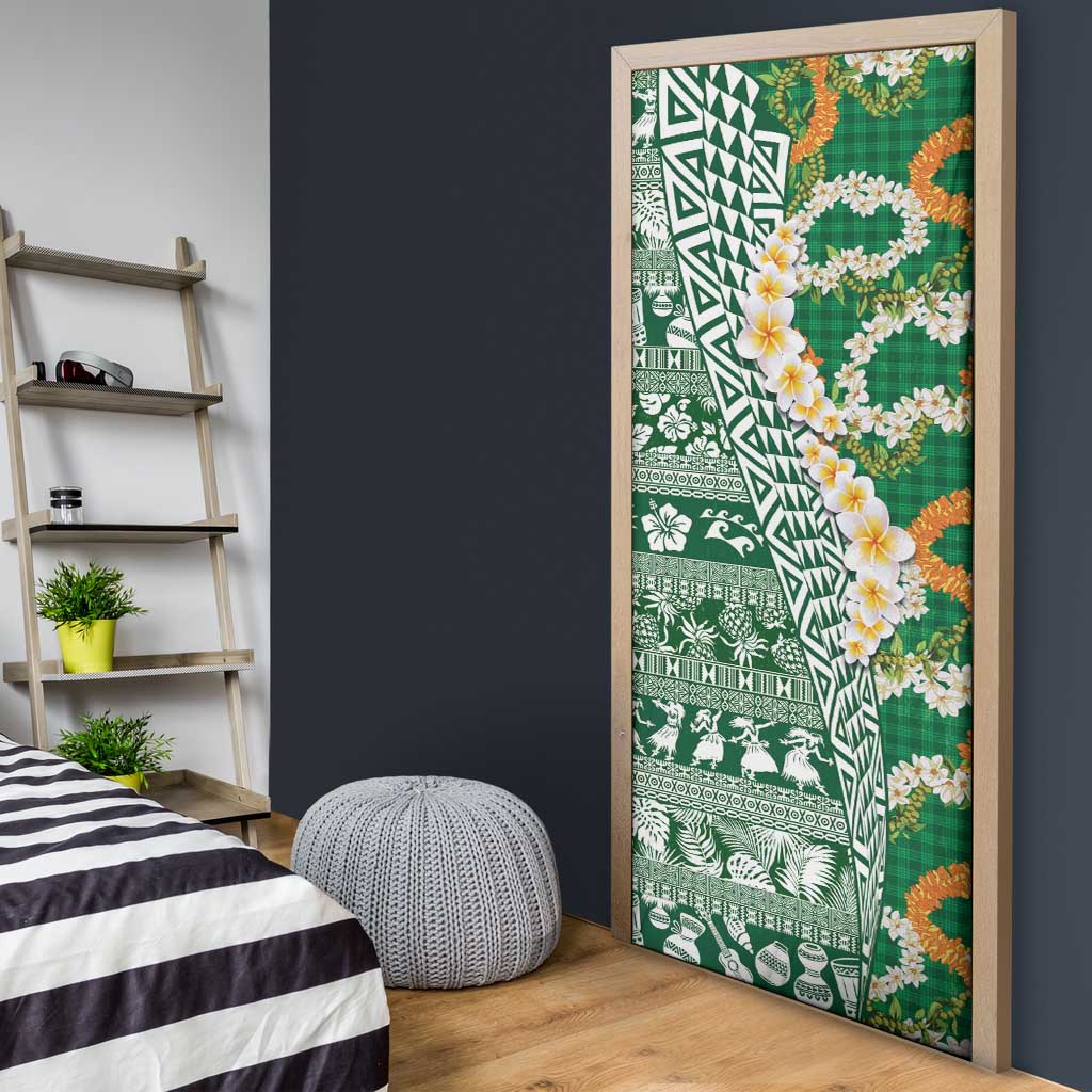 Hawaiian Plumeria Lei Door Cover Kakau Motifs and Palaka Half Style Green Color LT03 - Polynesian Pride