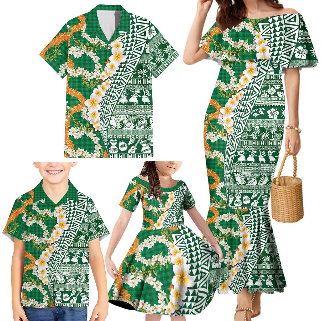 Hawaiian Plumeria Lei Family Matching Mermaid Dress and Hawaiian Shirt Kakau Motifs and Palaka Half Style Green Color - Polynesian Pride