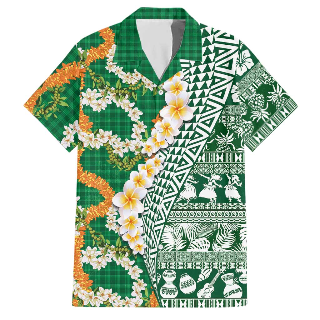 Hawaiian Plumeria Lei Family Matching Mermaid Dress and Hawaiian Shirt Kakau Motifs and Palaka Half Style Green Color LT03 Dad's Shirt - Short Sleeve Green - Polynesian Pride