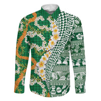 Hawaiian Plumeria Lei Family Matching Mermaid Dress and Hawaiian Shirt Kakau Motifs and Palaka Half Style Green Color LT03 Dad's Shirt - Long Sleeve Green - Polynesian Pride