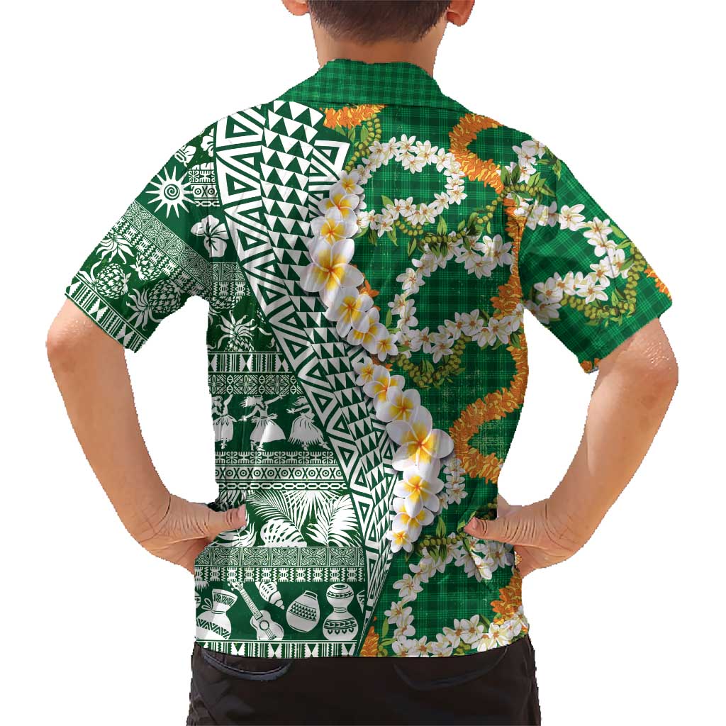 Hawaiian Plumeria Lei Family Matching Off Shoulder Maxi Dress and Hawaiian Shirt Kakau Motifs and Palaka Half Style Green Color LT03 - Polynesian Pride