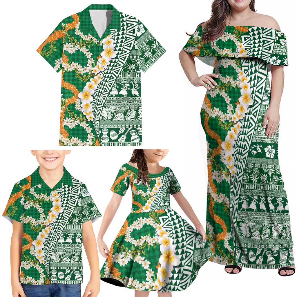 Hawaiian Plumeria Lei Family Matching Off Shoulder Maxi Dress and Hawaiian Shirt Kakau Motifs and Palaka Half Style Green Color LT03 - Polynesian Pride