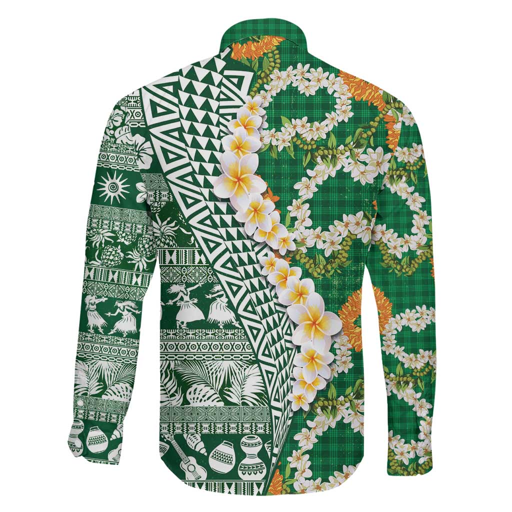 Hawaiian Plumeria Lei Family Matching Off Shoulder Maxi Dress and Hawaiian Shirt Kakau Motifs and Palaka Half Style Green Color LT03 - Polynesian Pride