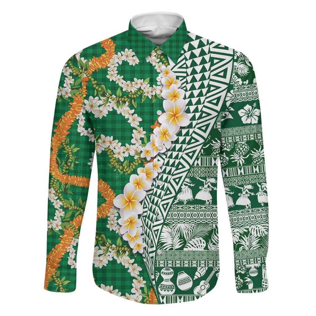 Hawaiian Plumeria Lei Family Matching Off Shoulder Short Dress and Hawaiian Shirt Kakau Motifs and Palaka Half Style Green Color LT03 Dad's Shirt - Long Sleeve Green - Polynesian Pride