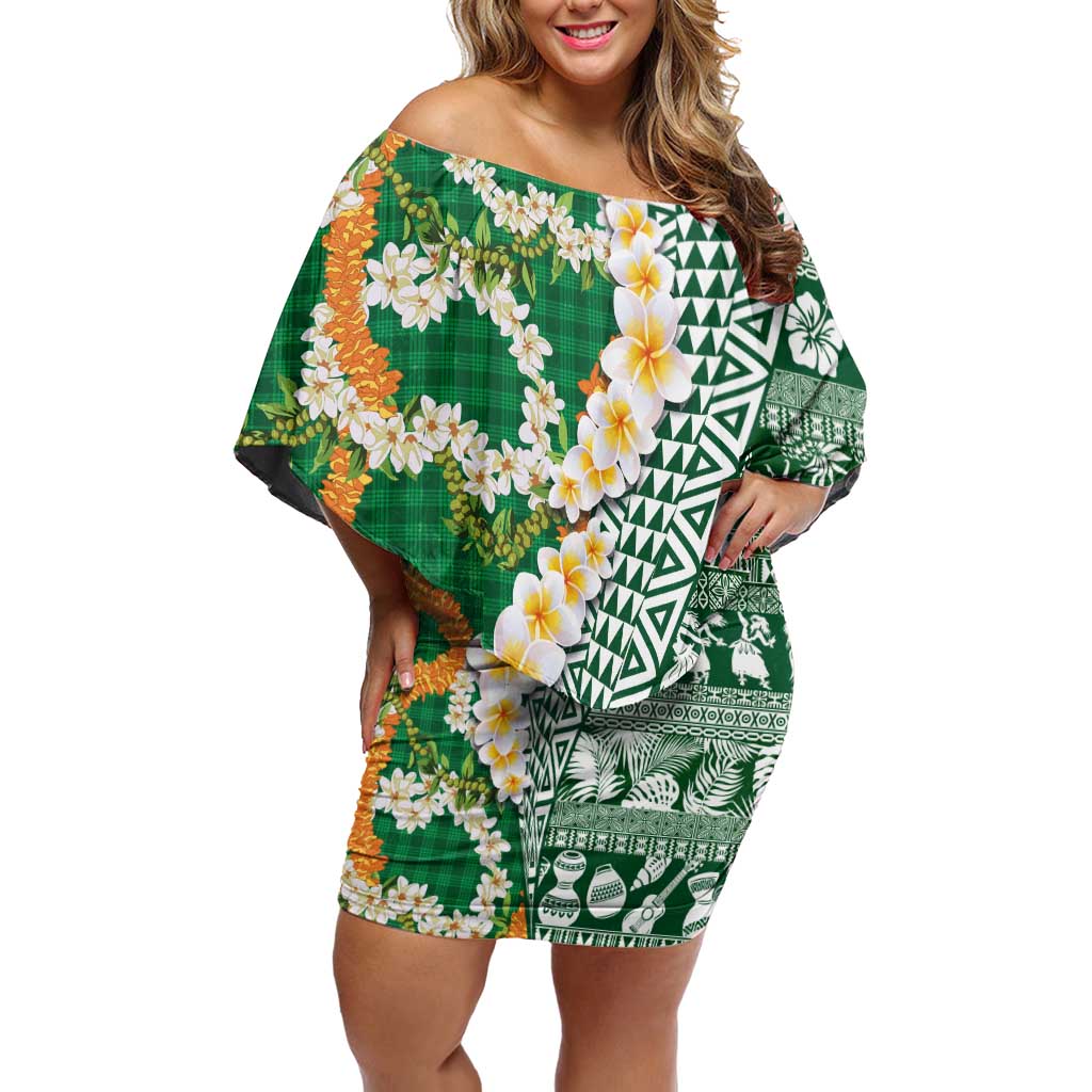 Hawaiian Plumeria Lei Family Matching Off Shoulder Short Dress and Hawaiian Shirt Kakau Motifs and Palaka Half Style Green Color LT03 Mom's Dress Green - Polynesian Pride