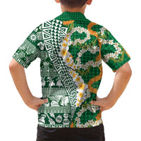 Hawaiian Plumeria Lei Family Matching Puletasi and Hawaiian Shirt Kakau Motifs and Palaka Half Style Green Color LT03 - Polynesian Pride