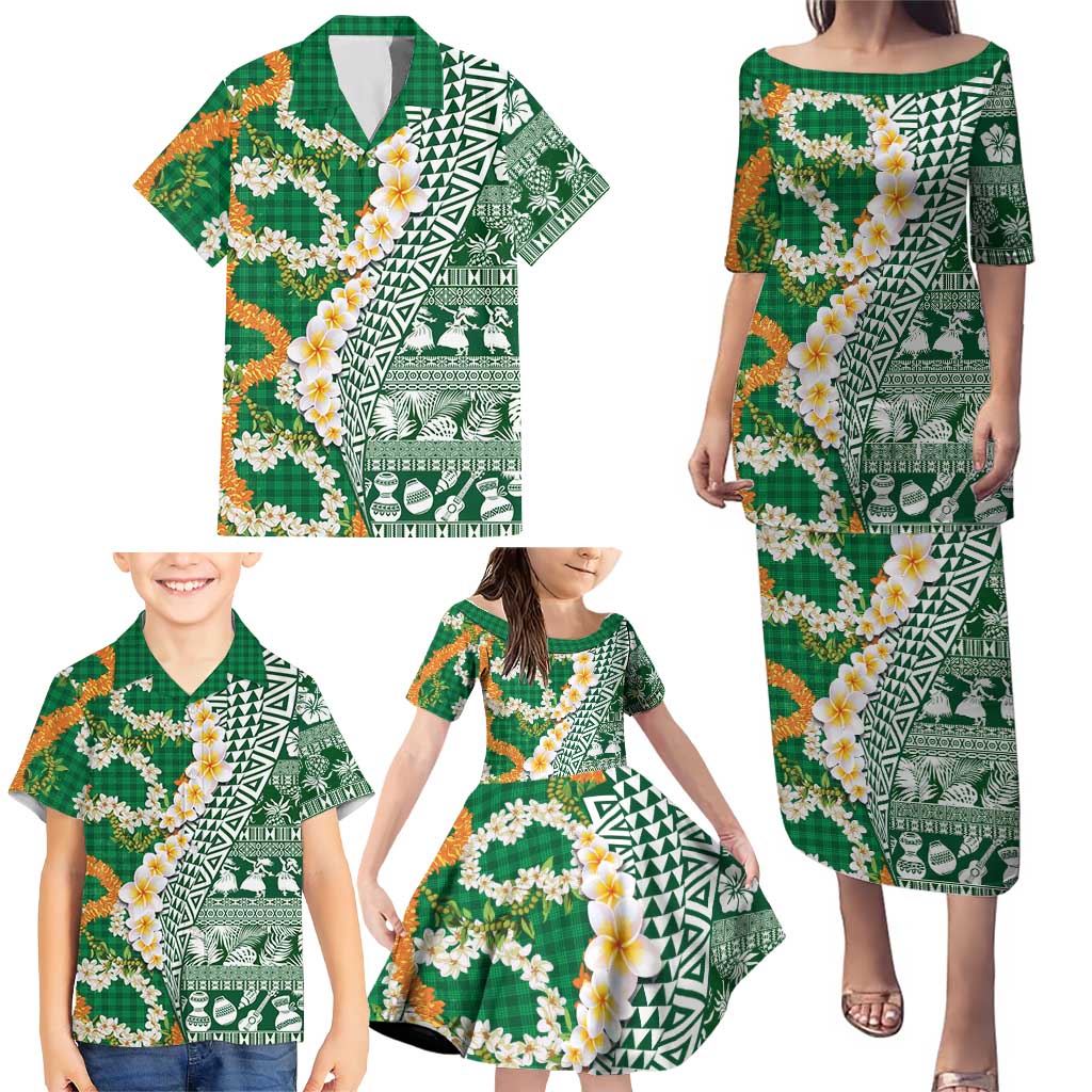 Hawaiian Plumeria Lei Family Matching Puletasi and Hawaiian Shirt Kakau Motifs and Palaka Half Style Green Color LT03 - Polynesian Pride