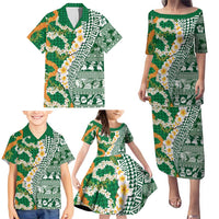 Hawaiian Plumeria Lei Family Matching Puletasi and Hawaiian Shirt Kakau Motifs and Palaka Half Style Green Color LT03 - Polynesian Pride
