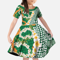 Hawaiian Plumeria Lei Family Matching Tank Maxi Dress and Hawaiian Shirt Kakau Motifs and Palaka Half Style Green Color LT03 Daughter's Dress Green - Polynesian Pride
