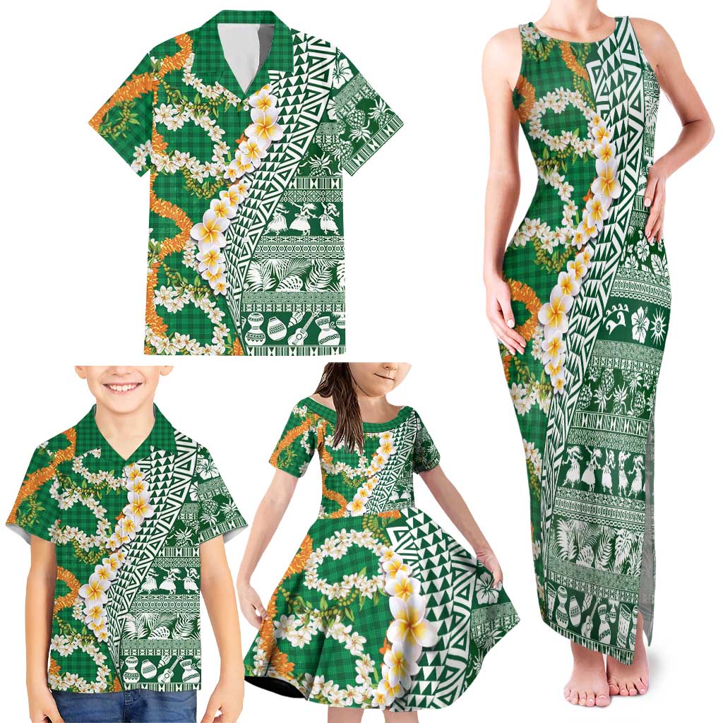 Hawaiian Plumeria Lei Family Matching Tank Maxi Dress and Hawaiian Shirt Kakau Motifs and Palaka Half Style Green Color LT03 - Polynesian Pride
