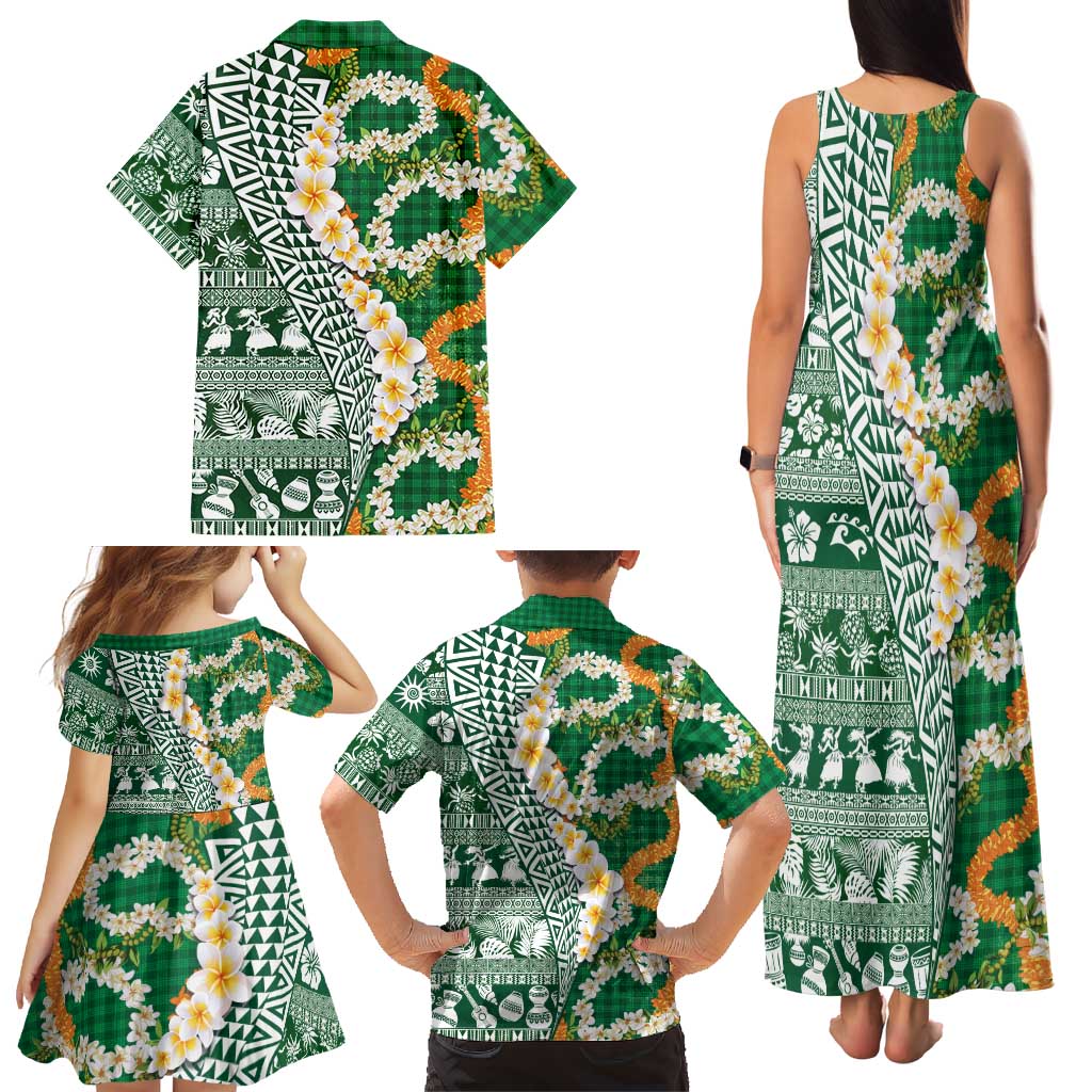 Hawaiian Plumeria Lei Family Matching Tank Maxi Dress and Hawaiian Shirt Kakau Motifs and Palaka Half Style Green Color LT03 - Polynesian Pride