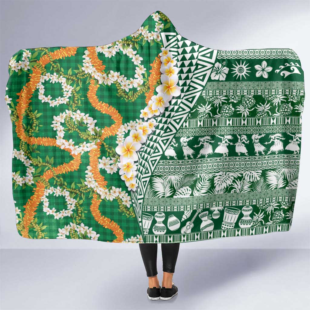 Hawaiian Plumeria Lei Hooded Blanket Kakau Motifs and Palaka Half Style Green Color LT03 One Size Green - Polynesian Pride