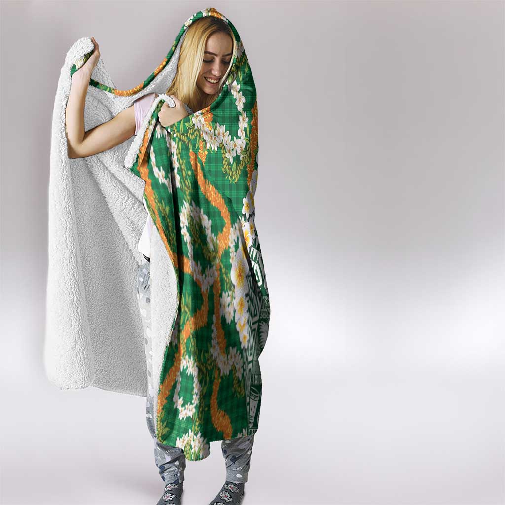 Hawaiian Plumeria Lei Hooded Blanket Kakau Motifs and Palaka Half Style Green Color LT03 - Polynesian Pride