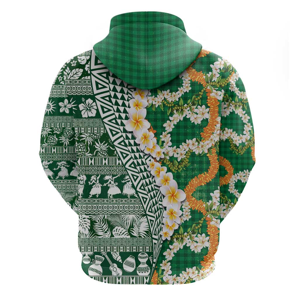 Hawaiian Plumeria Lei Hoodie Kakau Motifs and Palaka Half Style Green Color LT03 - Polynesian Pride