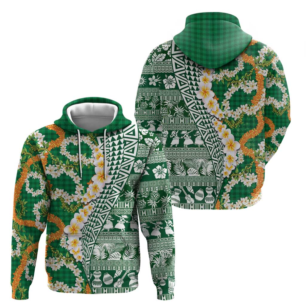 Hawaiian Plumeria Lei Hoodie Kakau Motifs and Palaka Half Style Green Color LT03 - Polynesian Pride