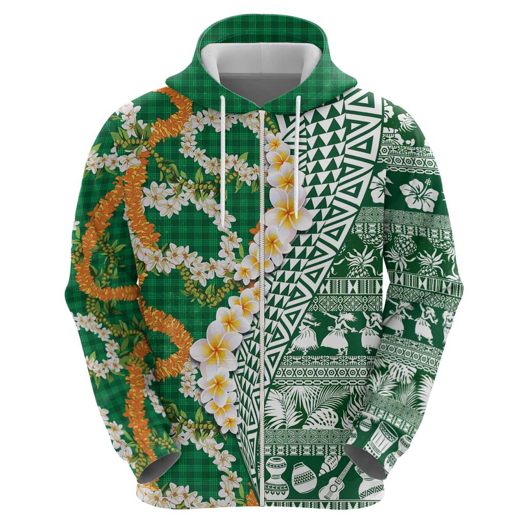 Hawaiian Plumeria Lei Hoodie Kakau Motifs and Palaka Half Style Green Color LT03 - Polynesian Pride