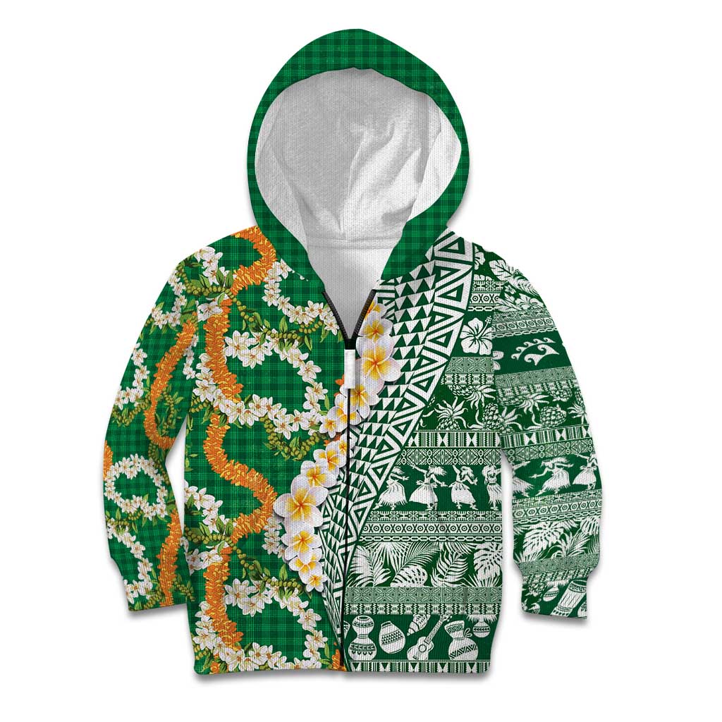 Hawaiian Plumeria Lei Kid Hoodie Kakau Motifs and Palaka Half Style Green Color LT03 Zip Hoodie Green - Polynesian Pride