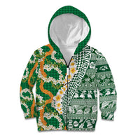 Hawaiian Plumeria Lei Kid Hoodie Kakau Motifs and Palaka Half Style Green Color LT03 Zip Hoodie Green - Polynesian Pride