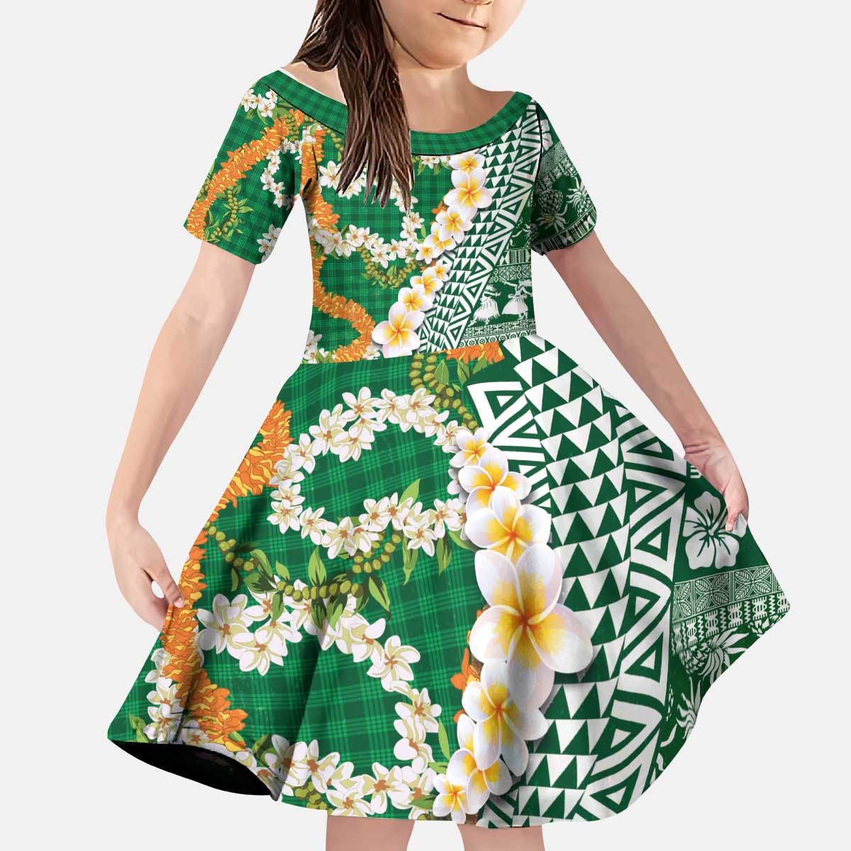 Hawaiian Plumeria Lei Kid Short Sleeve Dress Kakau Motifs and Palaka Half Style Green Color LT03 KID Green - Polynesian Pride