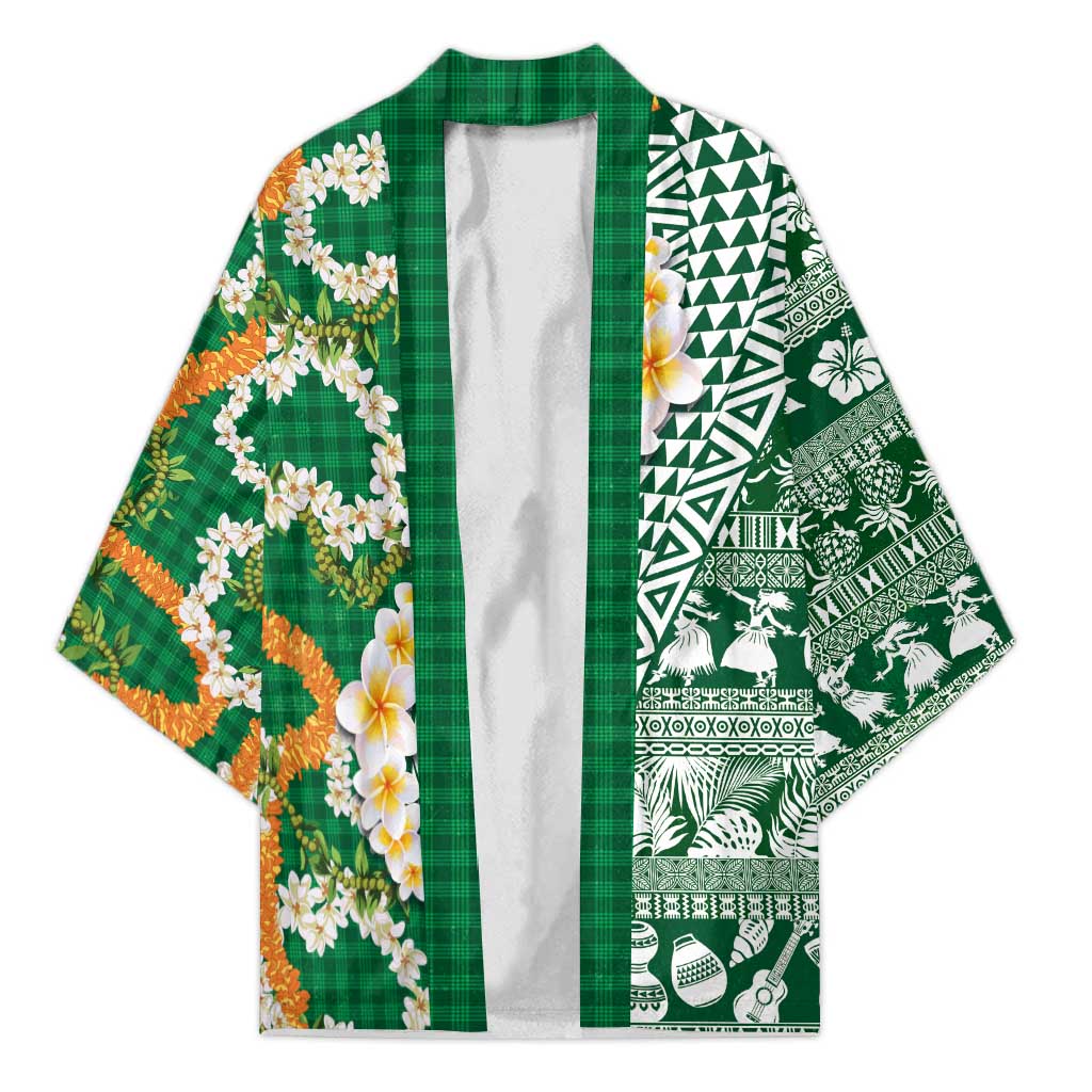 Hawaiian Plumeria Lei Kimono Kakau Motifs and Palaka Half Style Green Color LT03 Unisex Green - Polynesian Pride