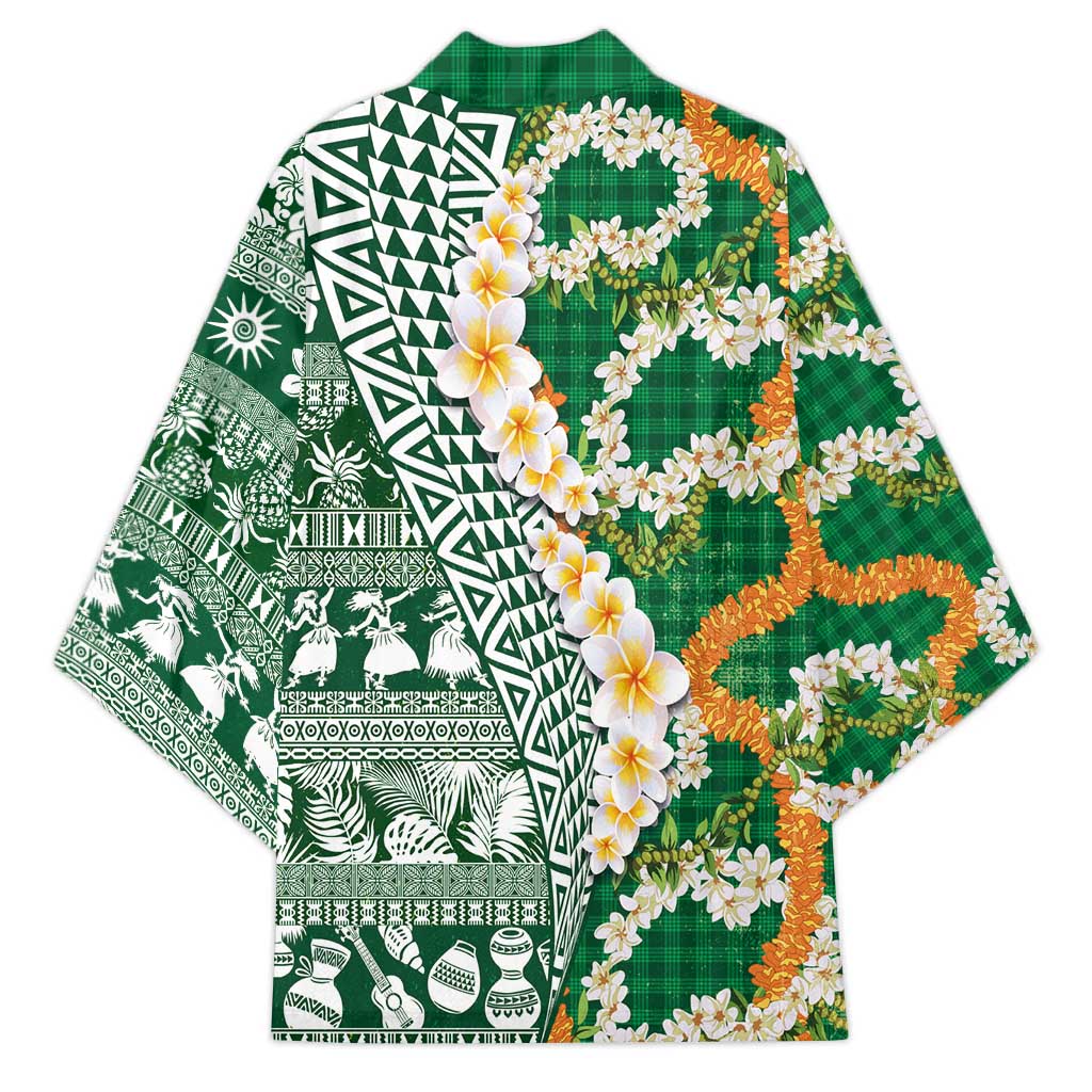 Hawaiian Plumeria Lei Kimono Kakau Motifs and Palaka Half Style Green Color LT03 - Polynesian Pride