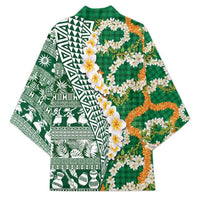 Hawaiian Plumeria Lei Kimono Kakau Motifs and Palaka Half Style Green Color LT03 - Polynesian Pride