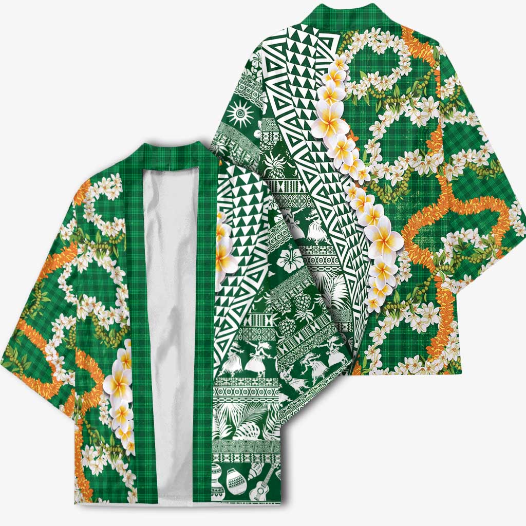 Hawaiian Plumeria Lei Kimono Kakau Motifs and Palaka Half Style Green Color LT03 - Polynesian Pride