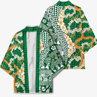 Hawaiian Plumeria Lei Kimono Kakau Motifs and Palaka Half Style Green Color LT03 - Polynesian Pride