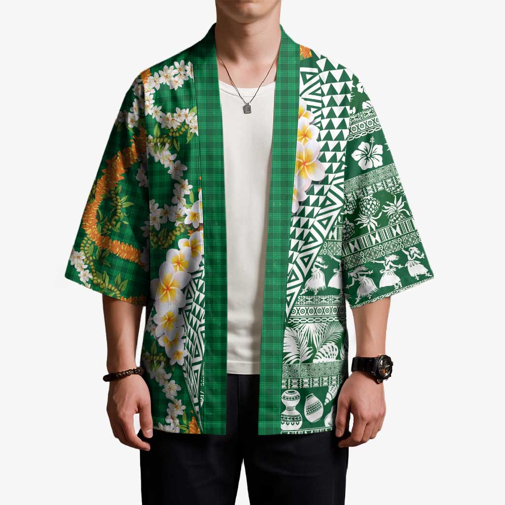 Hawaiian Plumeria Lei Kimono Kakau Motifs and Palaka Half Style Green Color LT03 - Polynesian Pride
