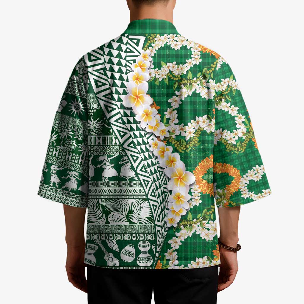 Hawaiian Plumeria Lei Kimono Kakau Motifs and Palaka Half Style Green Color LT03 - Polynesian Pride