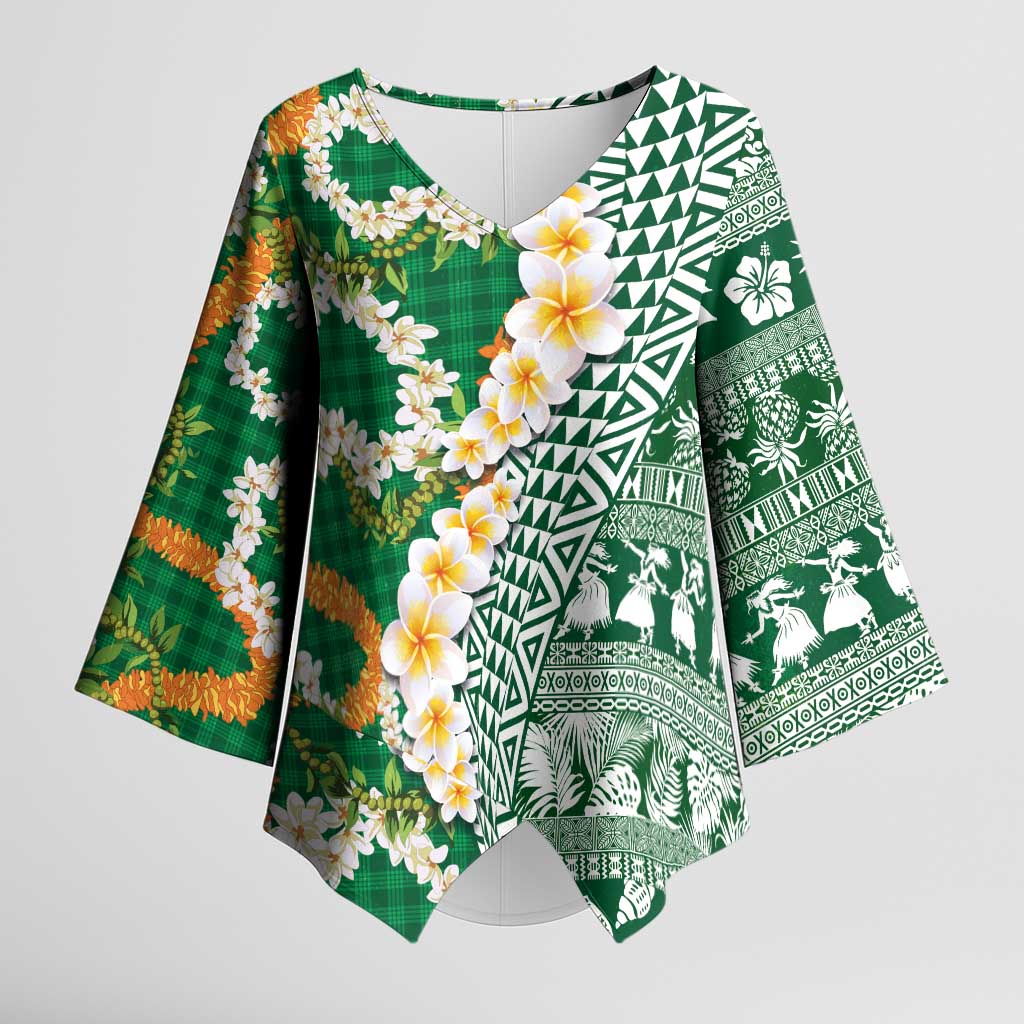 Hawaiian Plumeria Lei Kimono Sleeve Blouse Kakau Motifs and Palaka Half Style Green Color LT03 Female Green - Polynesian Pride