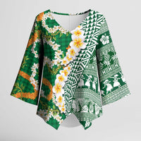 Hawaiian Plumeria Lei Kimono Sleeve Blouse Kakau Motifs and Palaka Half Style Green Color LT03 Female Green - Polynesian Pride