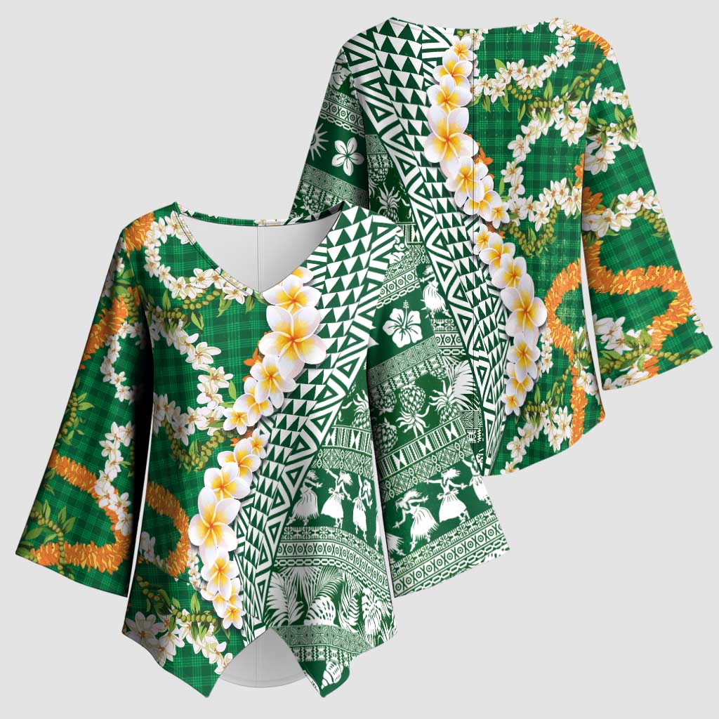 Hawaiian Plumeria Lei Kimono Sleeve Blouse Kakau Motifs and Palaka Half Style Green Color LT03 - Polynesian Pride