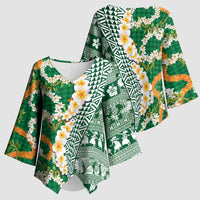 Hawaiian Plumeria Lei Kimono Sleeve Blouse Kakau Motifs and Palaka Half Style Green Color LT03 - Polynesian Pride