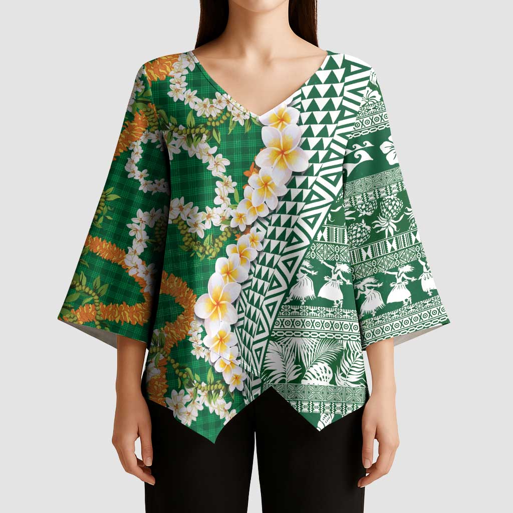 Hawaiian Plumeria Lei Kimono Sleeve Blouse Kakau Motifs and Palaka Half Style Green Color LT03 - Polynesian Pride