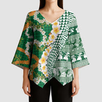 Hawaiian Plumeria Lei Kimono Sleeve Blouse Kakau Motifs and Palaka Half Style Green Color LT03 - Polynesian Pride