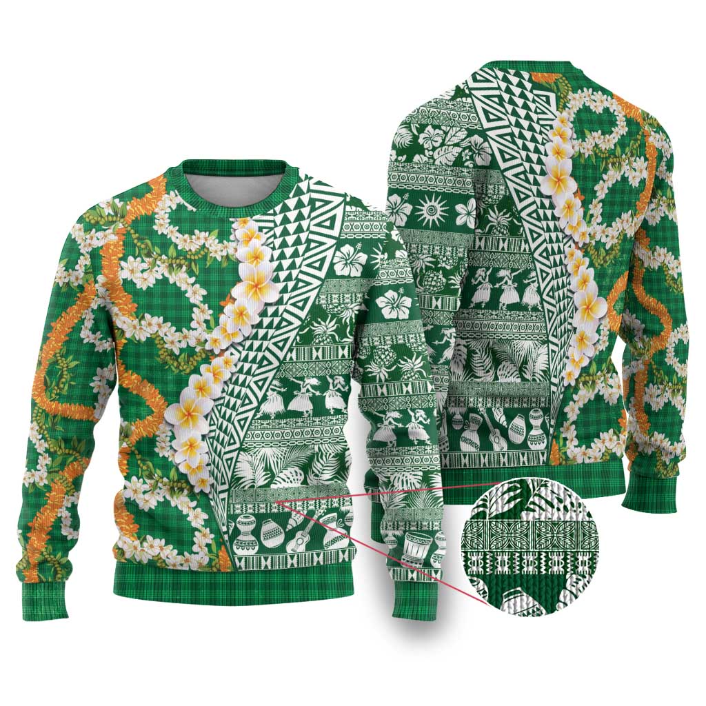 Hawaiian Plumeria Lei Ugly Christmas Sweater Kakau Motifs and Palaka Half Style Green Color LT03 Green - Polynesian Pride