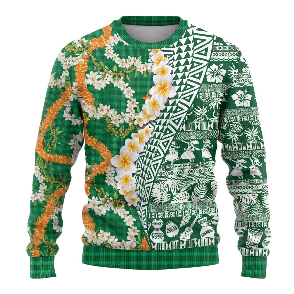 Hawaiian Plumeria Lei Ugly Christmas Sweater Kakau Motifs and Palaka Half Style Green Color LT03 - Polynesian Pride