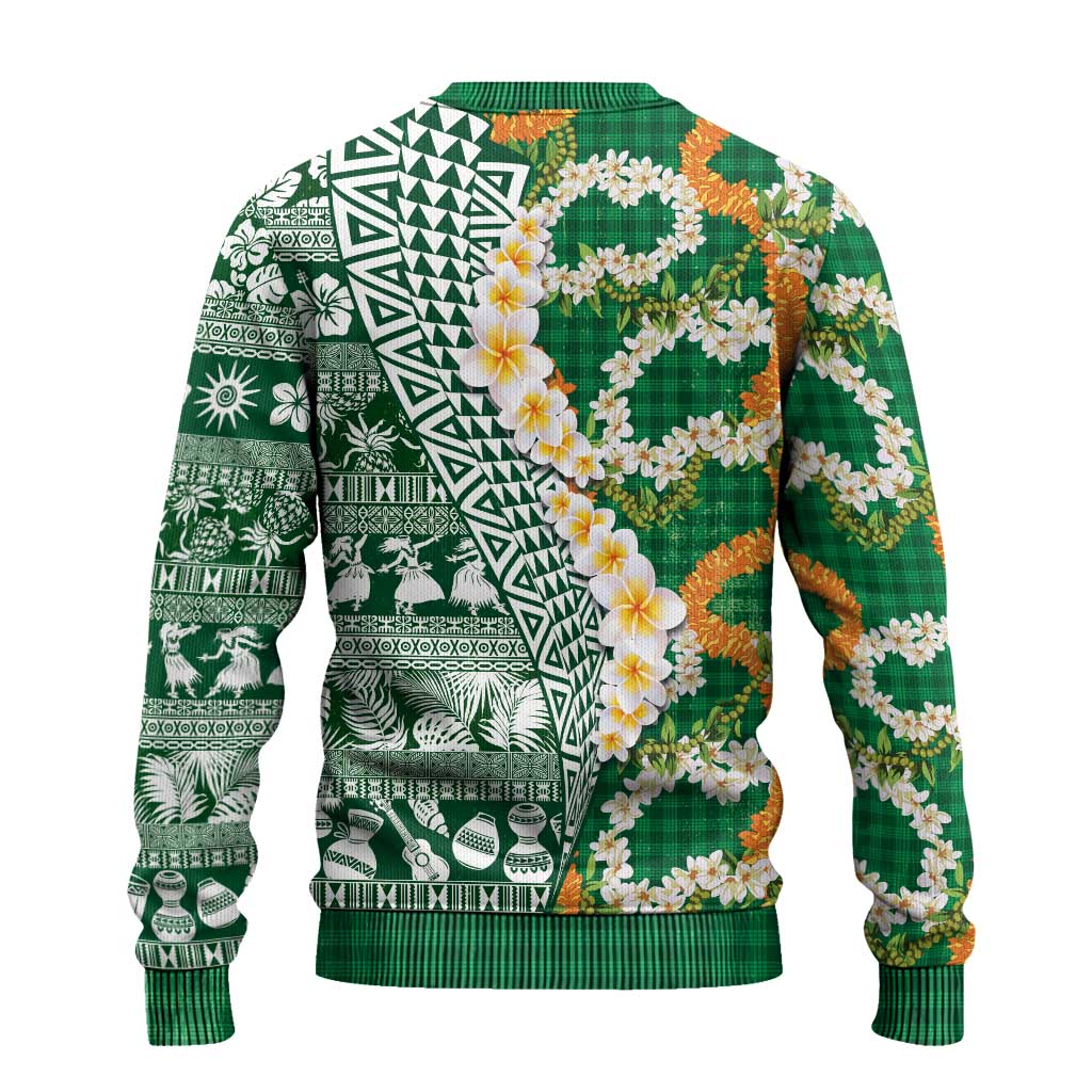 Hawaiian Plumeria Lei Ugly Christmas Sweater Kakau Motifs and Palaka Half Style Green Color LT03 - Polynesian Pride